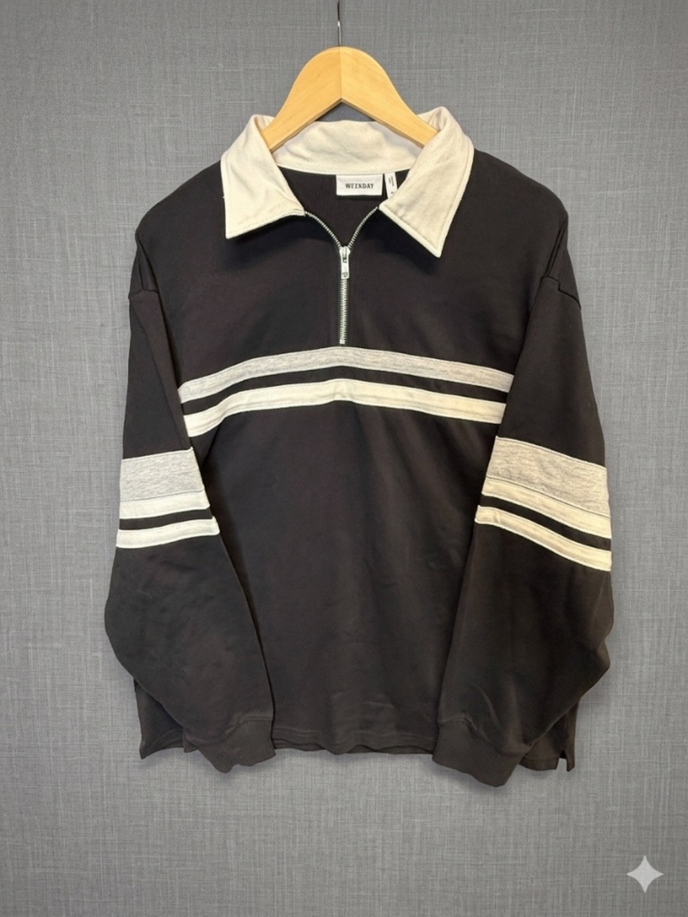 Weekday Omar Half-zip Polo Sweatshirt Men’s XL Black Striped 100% Cotton Rugby
